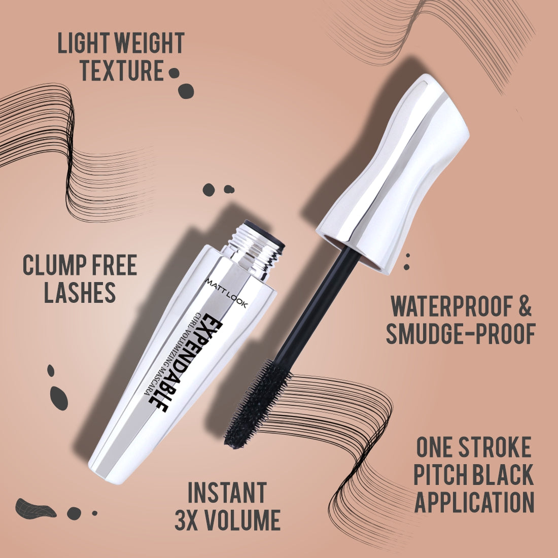 Mattlook Expendable Curl Volumizing Mascara, Instant 3X Volume, Clump- Free lashes, Water Proof, Lifts lashes effortlessly
